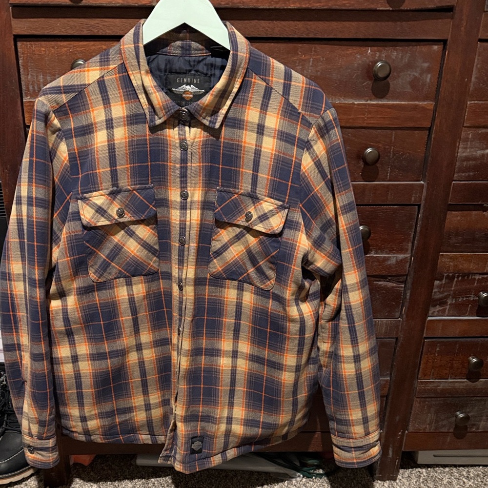 Harley-Davidson Men's Blue and Orange Plaid Shirt Jacket